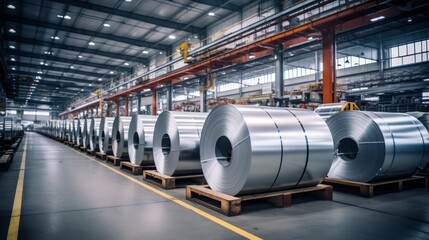 Photo of large rolls of aluminum at a processing plant, focusing on the scale and storage of metal materials,