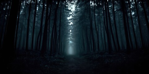 Obraz premium through a dark forest in the fog that looks very scary