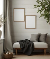 White blank canva frame in rustic home room
