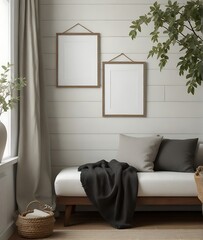 White blank canva frame in rustic home room
