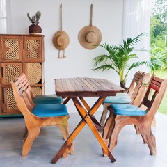  Living room interior, ethnic style of wood table and chairs