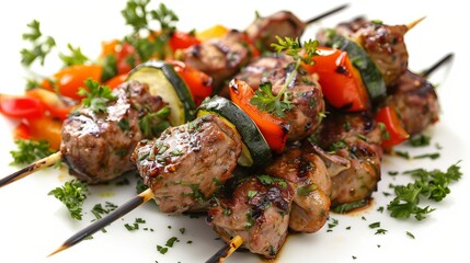 Lamb Kebab Delight: Grilled Skewers with Fresh Vegetables, Savory PNG Image
