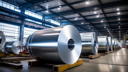 Photo of large rolls of aluminum at a processing plant, focusing on the scale and storage of metal materials, - obrazy, fototapety, plakaty