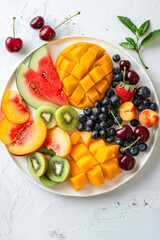 Overhead view of white plate with colorful fruit consisting of mango, watermelon, berries, kiwi and cherries on a white plaster background, modern food photography, Generative AI
