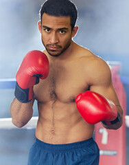 Man, portrait and boxer with gloves in ring for training, workout and practice for fighting...