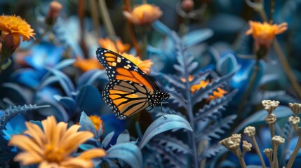 Close-up of a Monarch butterfly in a whimsical fairy garden, its wings contrasting beautifully...