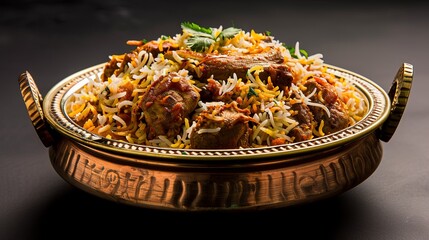 Mouthwatering Mutton Biryani in Golden Dish &ndash; Authentic Indian Cuisine, Dark Background
