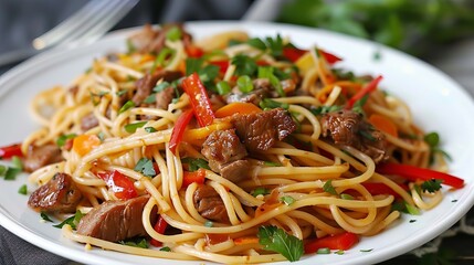 Delicious Asian Stir-Fried Noodles with Fresh Vegetables and Savory Meat - Culinary Delight