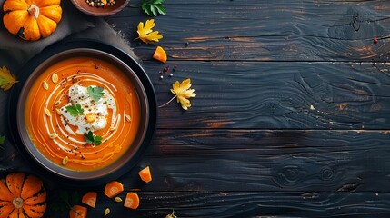 Pumpkin Carrot Soup with Cream & Parsley on Dark Wooden Background - Top View, Copy Space Available"






