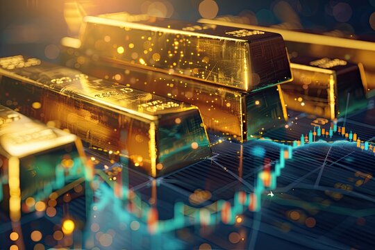 A conceptual image of a gold bar superimposed with glowing financial market data, highlighting the dynamics of commodity trading and investment.