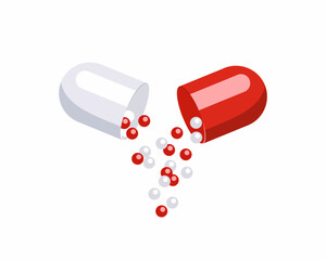 Opened medical capsule. Vector cartoon flat illustration of pill. Pharmacy concept.