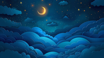 night sky with stars and moon. paper art style. Dreamy background with moon stars and clouds, abstract fantasy background. Half moon, stars and clouds on the dark night sky background
