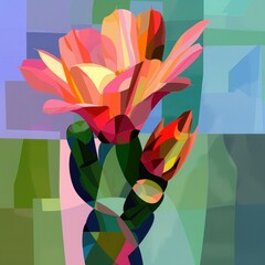 A  flower. The colors are vibrant and the shapes are geometric. The image is full of energy and life.