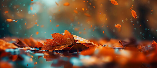 cinematic ground view of maple leaves. Autumn abstract background leaf fall blurred background. a beautiful red maple leaf in a puddle close view. the concept of autumn - Powered by Adobe