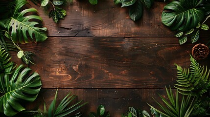 Dark brown antique plank frame background with tropical leaves and climbing vines on the edge of the plank. Generative Ai