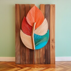 a modern wooden wall decor showcasing a bold tropical flower, adding a pop of color and vitality to any interior space. The composition utilizes sleek wood panels and minimalist design elements to emp - obrazy, fototapety, plakaty