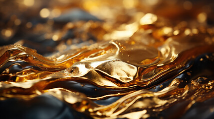 Contemporary Abstract of Shiny Liquid Gold Oil On Selective Focus Background