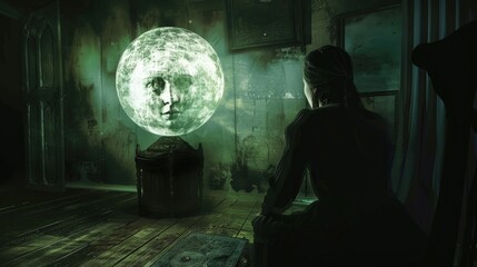 A dim room with a medium gazing into a crystal ball, the reflection showing a mysterious face