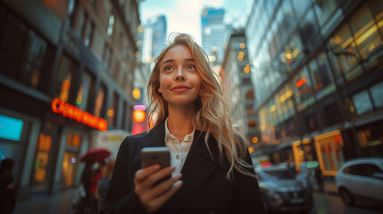 beautiful white young businesswoman holding a cellphone in a city with buildings, optimism gesture, urban professional connectivity - Powered by Adobe