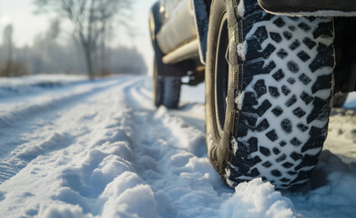Naklejka premium Winter Tires on a Snowy Road: Essential for Safe Cold Weather Driving