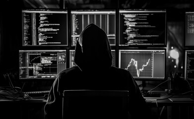 Silhouette of a Hacker: Engaged in a Cyber Operation in a Darkened Room