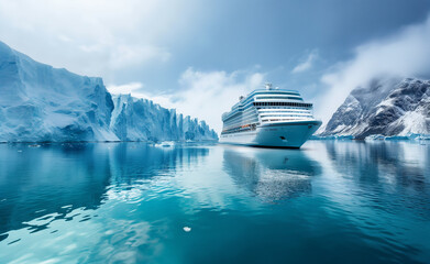 Cruise ship in majestic north seascape with ice glaciers in Canada or Antarctica