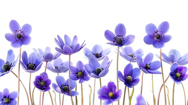 First spring flowers, Anemone hepatica isolated on white background. Border of blue violet wild forest flowers liverwort. Generative Ai