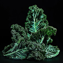 Dramatic display of kale with vibrant green leaves and rich dark veins against a stark black background, emphasizing their textured, ruffled look.