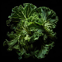Striking kale arrangement, displaying curly edges and lush green leaves against a black backdrop, highlighting the intricate leaf patterns.