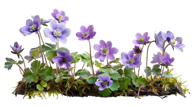 First spring flowers, Anemone hepatica isolated on white background. Border of blue violet wild forest flowers liverwort. Generative Ai