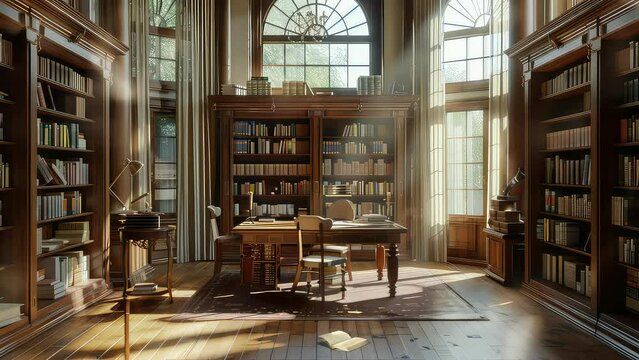 Animation library with big window. seamless 4k video looping background. generated with ai