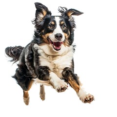 Funny dog flying, playful dog jumping mid-air looking at camera isolated on white background. Generative Ai