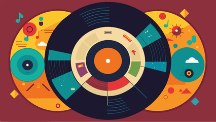 A vinyl record with a label listing the different musicians and cultures that contributed to the albums diverse and dynamic sound. Vector illustration