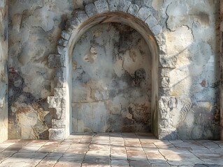 Abandoned Stone Archway in Ruined Interior Architectural Space