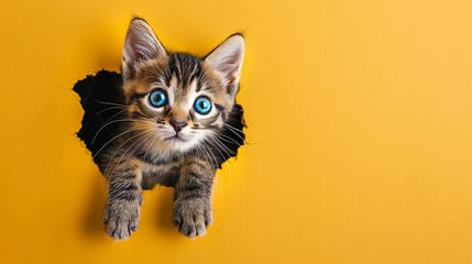 Funny gray tabby cute kitten with beautiful blue eyes on bright trendy yellow background. Lovely...