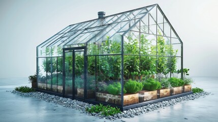A flat modern illustration in flat style showing some green seedlings growing in boxes in a glass greenhouse. An isometric glasshouse with garden beds for cultivation of plants is isolated on a white