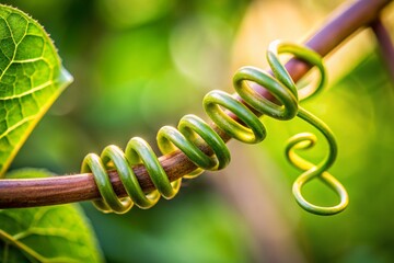 Curling Vine Tendril: Macro image of a vine tendril curling around a support structure, illustrating the plant's natural climbing and grasping mechanisms.
