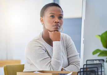 African female designer, thinking and office for creative career projects and workplace tasks for company. Profession, contemplate and desk for ideas, planning schedule and thoughtful on break