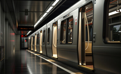 Subway train with its doors open at night