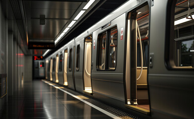 Subway train with its doors open at night