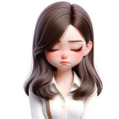 Asian cartoon character girl, young women portrait, female, sad mood, feeling expression concept, eyes close, 3d style, isolated on a white background