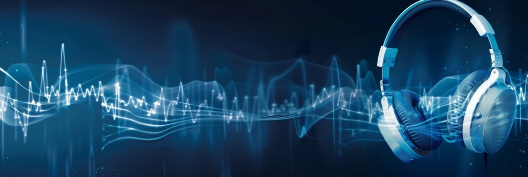 A 3D model of a white headphones on a blue background with sound waves, in the style of web banner.