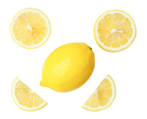 Obraz premium Top view set of fresh yellow lemon fruit with halves and slices scattering isolated on white background with clipping path