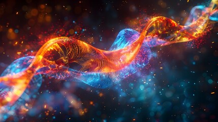 Cascading Luminous DNA Helix - Swirling Ribbons of Vibrant Color Representing Genetic Information in Ethereal,Otherworldly Cosmic Digital Art Style