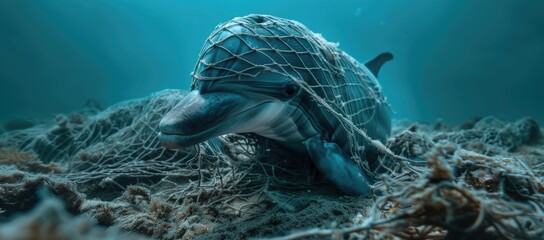 Dolphin gets entangled in a net in the water