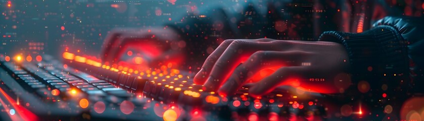 Close-up of Hacker's Fingers on Keyboard with Flashing Codes in Futuristic Digital Landscape