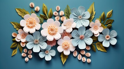 Various paper flowers in different shapes and colors arranged neatly on a vibrant blue background.
