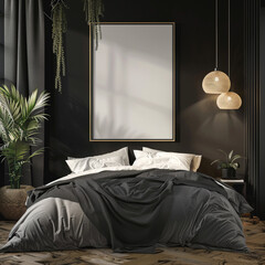 Frame mockup in cozy black bedroom interior, 3d render