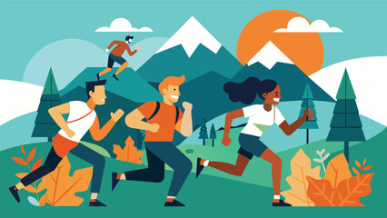 A group participating in a naturebased adventure race using physical challenges to build resilience and mental toughness.. Vector illustration