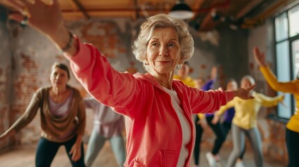 Elderly woman leading a hip-hop dance class, showing off her moves